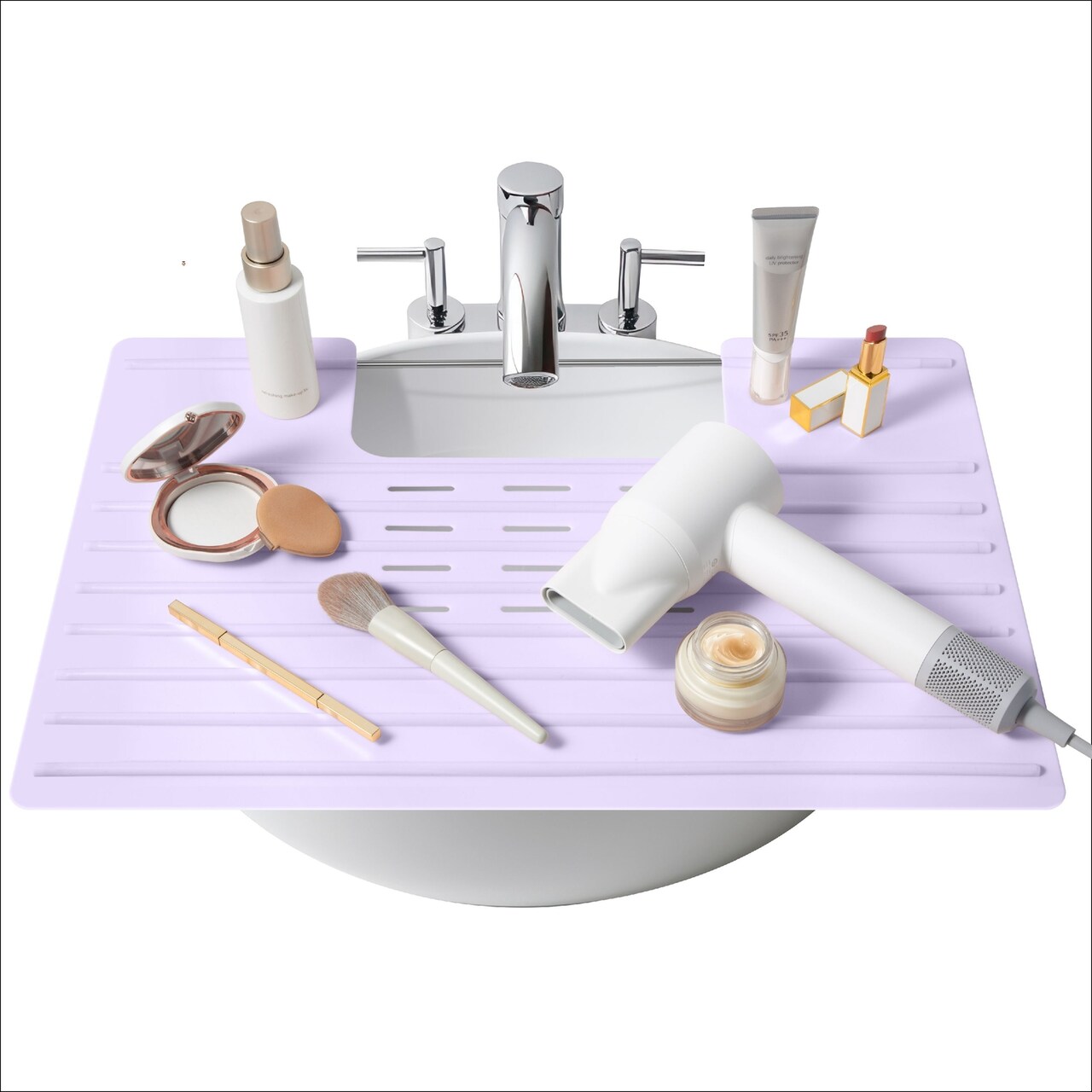 Maplefield Bathroom Sink Cover for Counter Space, Heat Resistant Silicone Sink Mat for Your Beauty Routine, Small Bathroom Space Saver Sink Cover for Makeup (Lavender Large, 22 x 2 x 2 Inches)